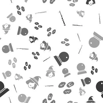 Set Magic wand, Magic runes, Magic ball and Witch on seamless pattern. Vector Stock Illustration