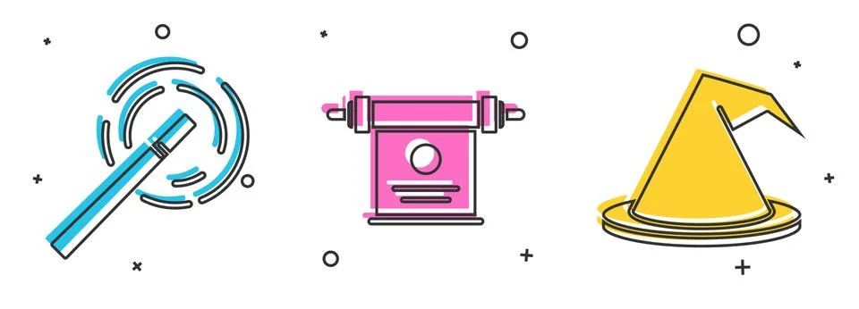 Set Magic wand, Magic scroll and Witch hat icon. Vector Illustrazione stock