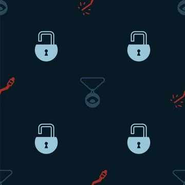 Set Magic wand, Medallion on chain with eye and Open padlock on seamless pattern Stock Illustration
