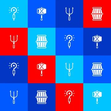 Set Magic wand, Medieval axe, Neptune Trident and Gun powder barrel icon. Vector Stock Illustration
