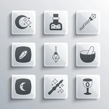 Set Magic wand, Medieval goblet, Witch cauldron, stone, Moon stars, and staff Ilustração Stock
