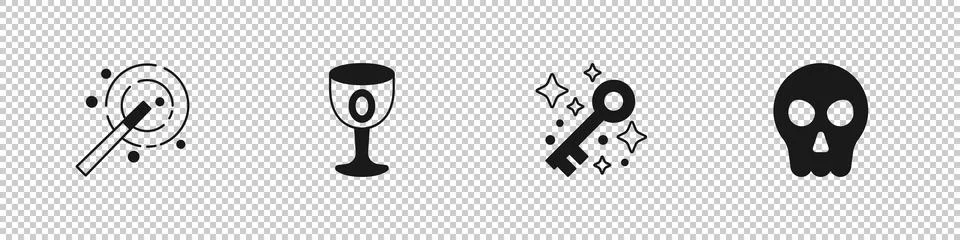 Set Magic wand, Medieval goblet, Old magic key and Skull icon. Vector Stock Illustration