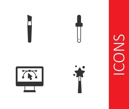 Set Magic wand, Paint brush, Computer with design program and Eyedropper co.. Illustrazione stock