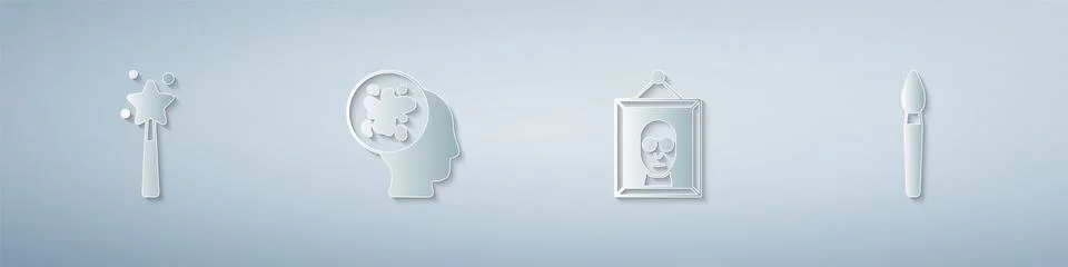 Set Magic wand, Paint spray, Picture and brush. Paper art style. Vector Stock-Illustration