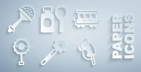 Set Magic wand, Passenger train cars toy, Rattle baby, Toy horse, Soap bubbles 스톡 일러스트