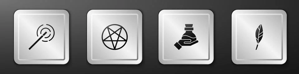 Set Magic wand, Pentagram in circle, Bottle with potion and feather icon. Silver Stock Illustration