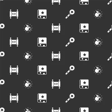 Set Magic wand, Poison apple, scroll and Ancient magic book on seamless pattern Stock Illustration