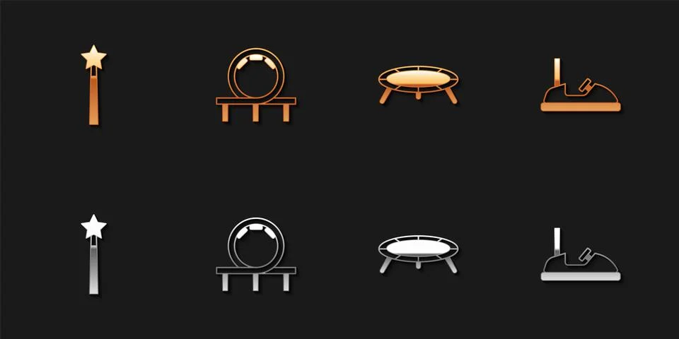 Set Magic wand, Roller coaster, Jumping trampoline and Bumper car icon. Vector 스톡 일러스트