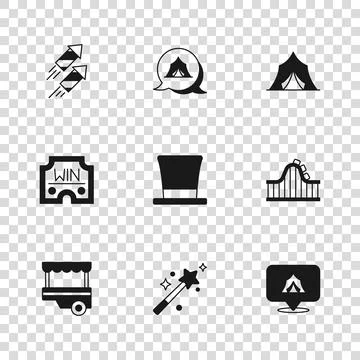Set Magic wand, Roller coaster, Circus tent, Cylinder hat, Firework rocket,.. Иллюстрация