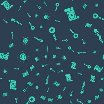Set Magic wand, scroll, stone and staff on seamless pattern. Vector Illustrazione stock