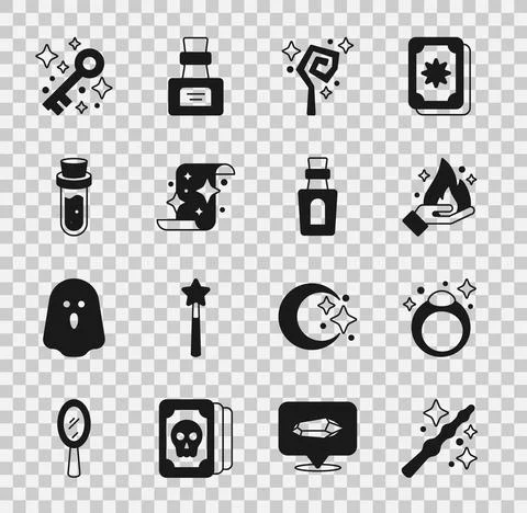 Set Magic wand, stone ring, Hand holding fire, staff, scroll, Bottle with potion Illustrazione stock