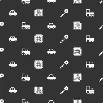 Set Magic wand, Toy train, car and Tic tac toe game on seamless pattern. Vector イラスト素材