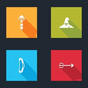 Set Magic wand, Witch hat, Medieval bow and Arrow icon. Vector Stock Illustration