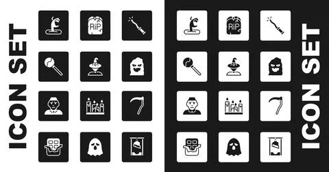 Set Magic wand, Witch, Lollipop, Zombie hand, Funny scary ghost mask, Tombstone Stock-Illustration