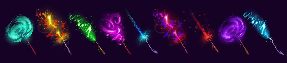 Set of magic wands with vfx light effect, vector Stock Illustration