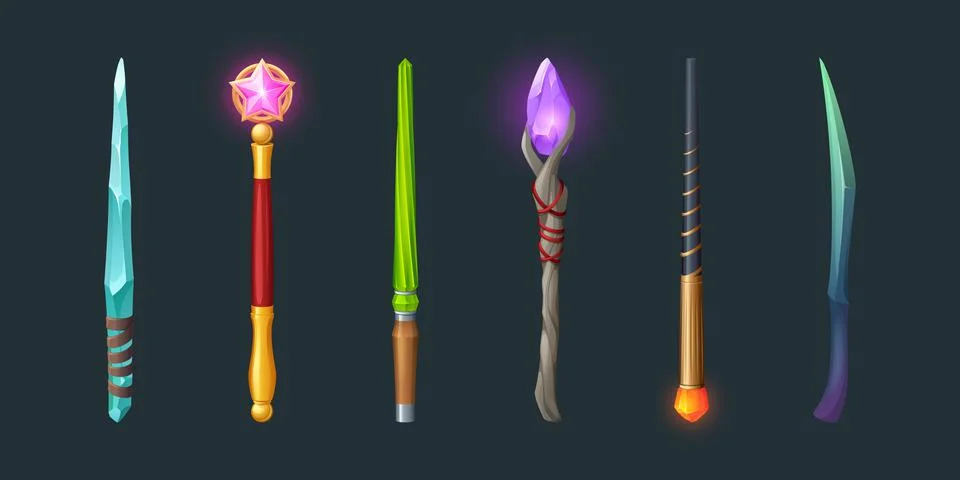 Set of magic wands, wizard or witch sticks set Illustrazione stock