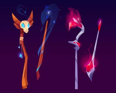 Set of magic wands, wizard staffs or witch sticks Stock Illustration