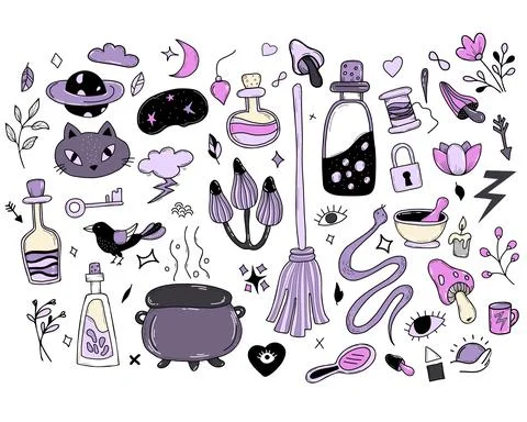 Set of magic, witchcraft and occult items for witches. Amulets and ritual object Illustrazione stock