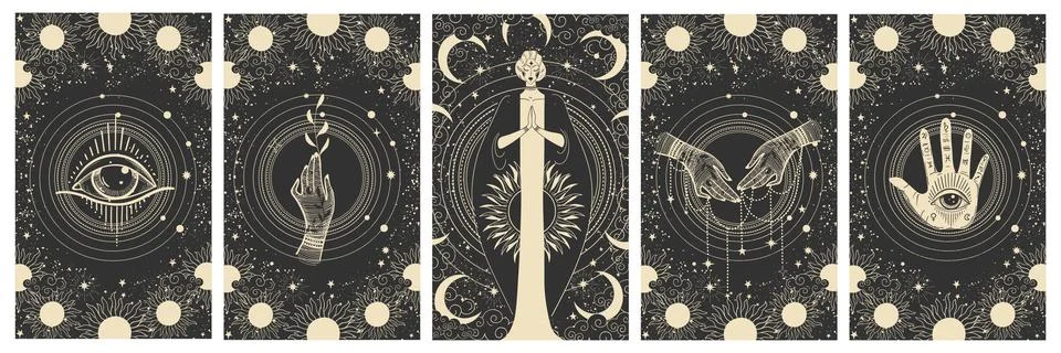 Set of magical celestial illustrations, goddess with sun and moon symbols, all Illustrazione stock