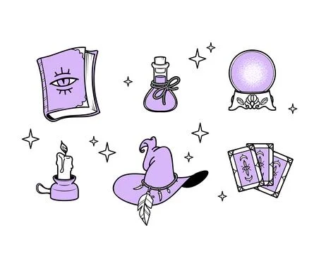 A set of magical items, magician's magic hat, witch's magic potion, spell b.. Stock Illustration