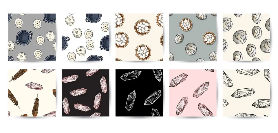 Set of magical rustic seamless border patterns. Comic style doodles of cauldr Stock Illustration