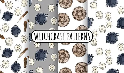 Set of magical witchcraft seamless border patterns. Comic style doodles of ca Stock Illustration