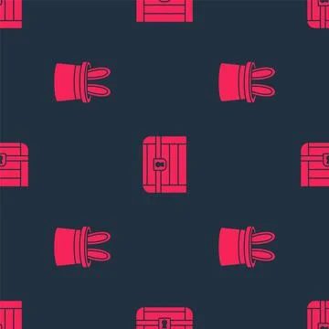 Set Magician hat and rabbit ears and Antique treasure chest on seamless pattern Stock Illustration