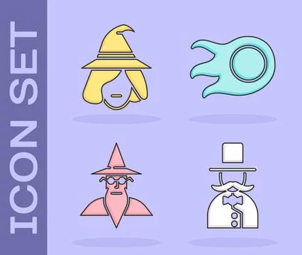 Set Magician, Witch, Wizard warlock and Fireball icon. Vector Stock Illustration