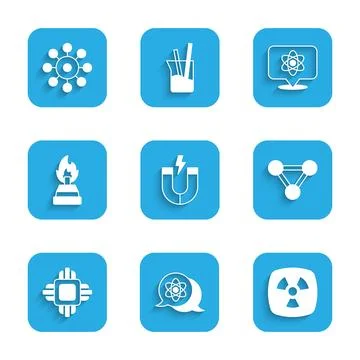 Set Magnet, Atom, Radioactive, Molecule, Processor CPU, Alcohol spirit burner 库存插图