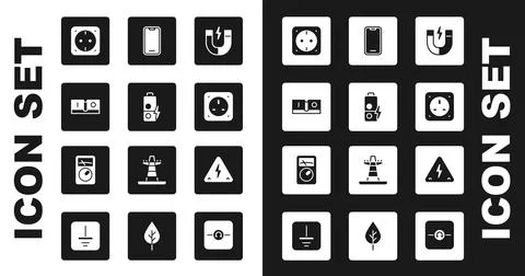 Set Magnet, Battery charge, Electric light switch, Electrical outlet, Mobile Stock Illustration