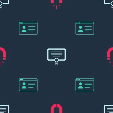 Set Magnet, Certificate template and Online class on seamless pattern. Vector Stock Illustration