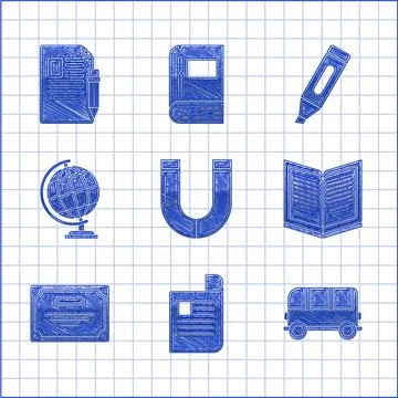 Set Magnet, Document, School Bus, Open book, Certificate template, Earth globe Stock Illustration