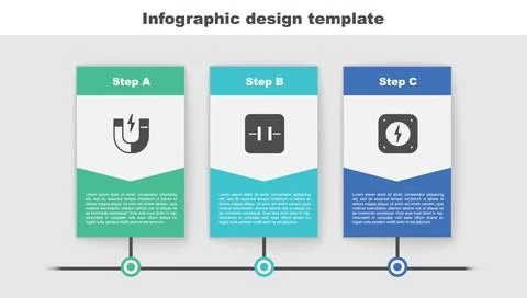 Set Magnet, Electrolytic capacitor and Lightning bolt. Business infographic Stock Illustration