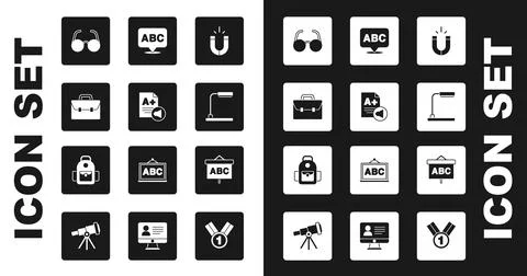 Set Magnet, Exam sheet with A plus grade, Briefcase, Glasses, Table lamp Stock-Illustration