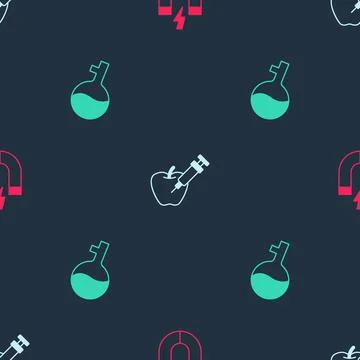Set Magnet, Genetically modified apple and Test tube on seamless pattern. Vector Stock Illustration