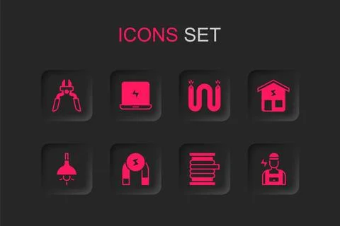Set Magnet, Laptop, Pliers tool, Wire electric cable on reel, Smart home, E.. Ilustración de archivo