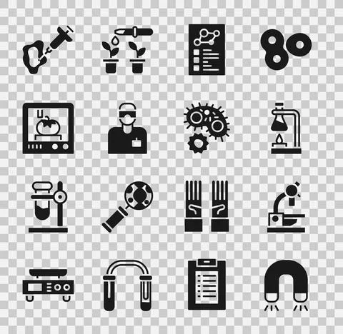 Set Magnet, Microscope, Test tube flask on fire, Clinical record, Laboratory Illustrazione stock