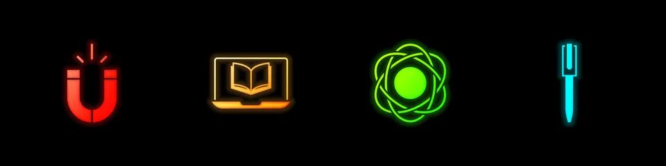 Set Magnet, Online class, Atom and Pen icon. Vector Stock Illustration