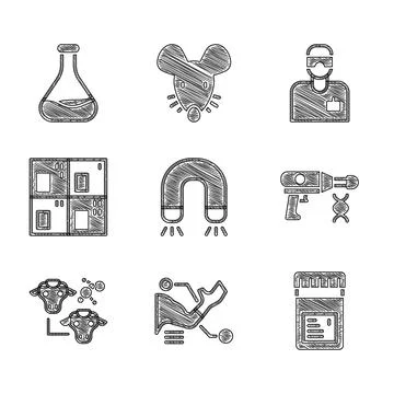 Set Magnet, Prosthesis hand, Jar with additives, Transfer liquid gun, Cloning Illustrazione stock