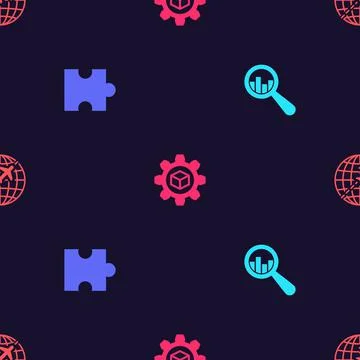 Set Magnifying glass and analysis, Piece of puzzle, Product development and Illustrazione stock