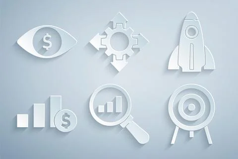 Set Magnifying glass and analysis, Startup project concept, Pie chart dollar Stock Illustration