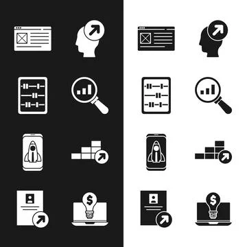 Set Magnifying glass and analysis, Abacus, Browser window, Head hunting con.. Stock Illustration