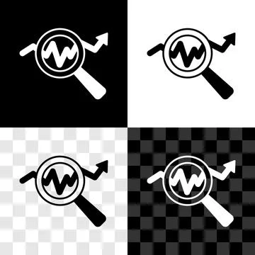 Set Magnifying glass and data analysis icon isolated on black and white Illustrazione stock