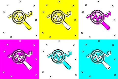 Set Magnifying glass and data analysis icon isolated on color background. Search Stock Illustration