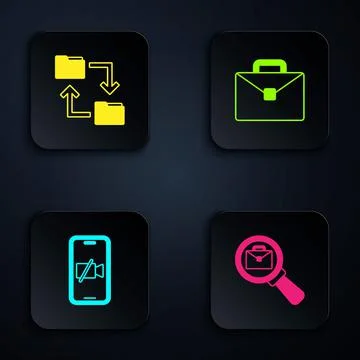 Set Magnifying glass with briefcase, Cloud storage document folder, Video camera Illustrazione stock