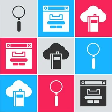 Set Magnifying glass, Browser window and Cloud or online library icon. Vector Stock Illustration