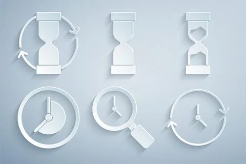 Set Magnifying glass with clock, Old hourglass, Clock,  and  icon. Vector イラスト素材