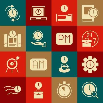 Set Magnifying glass with clock, Time Management, Always busy, to sleep, Clock Stock Illustration