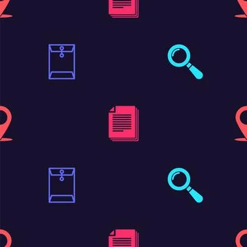 Set Magnifying glass, Envelope, Document and Map pin on seamless pattern. Vec Illustrazione stock