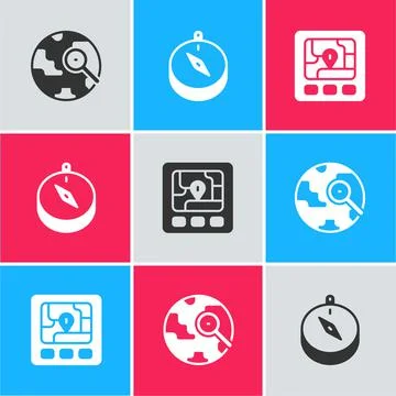 Set Magnifying glass with globe, Compass and Gps device map icon. Vector Stock Illustration